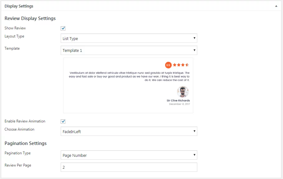 WP FB Review Showcase: Display Settings