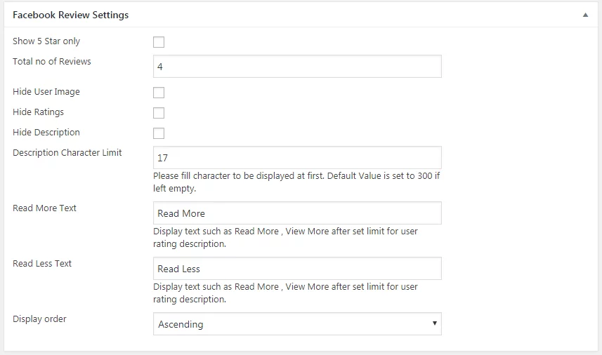 WP FB Review Showcase: FB Review Settings
