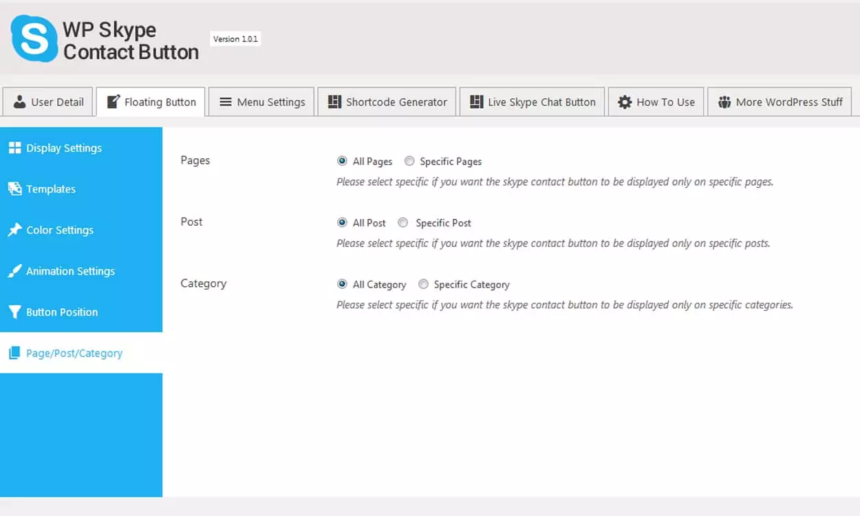 Add Skype Button on your WordPress Website: Selection of Page, Post or Category