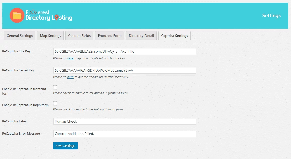 Everest Business Directory: Captcha Settings