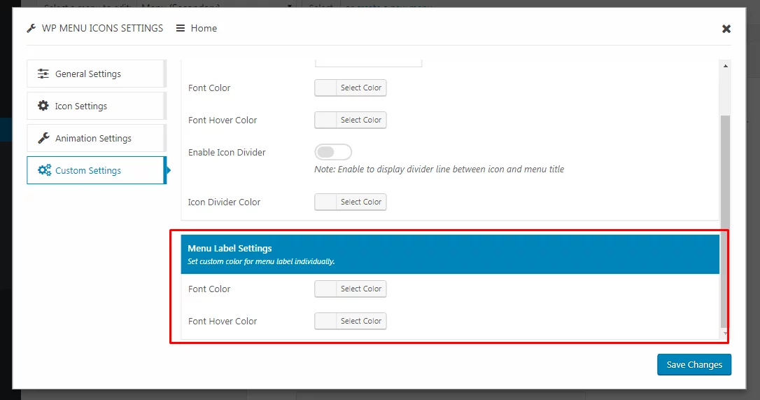 WP Menu Icons - Custom Menu Label Styling Settings