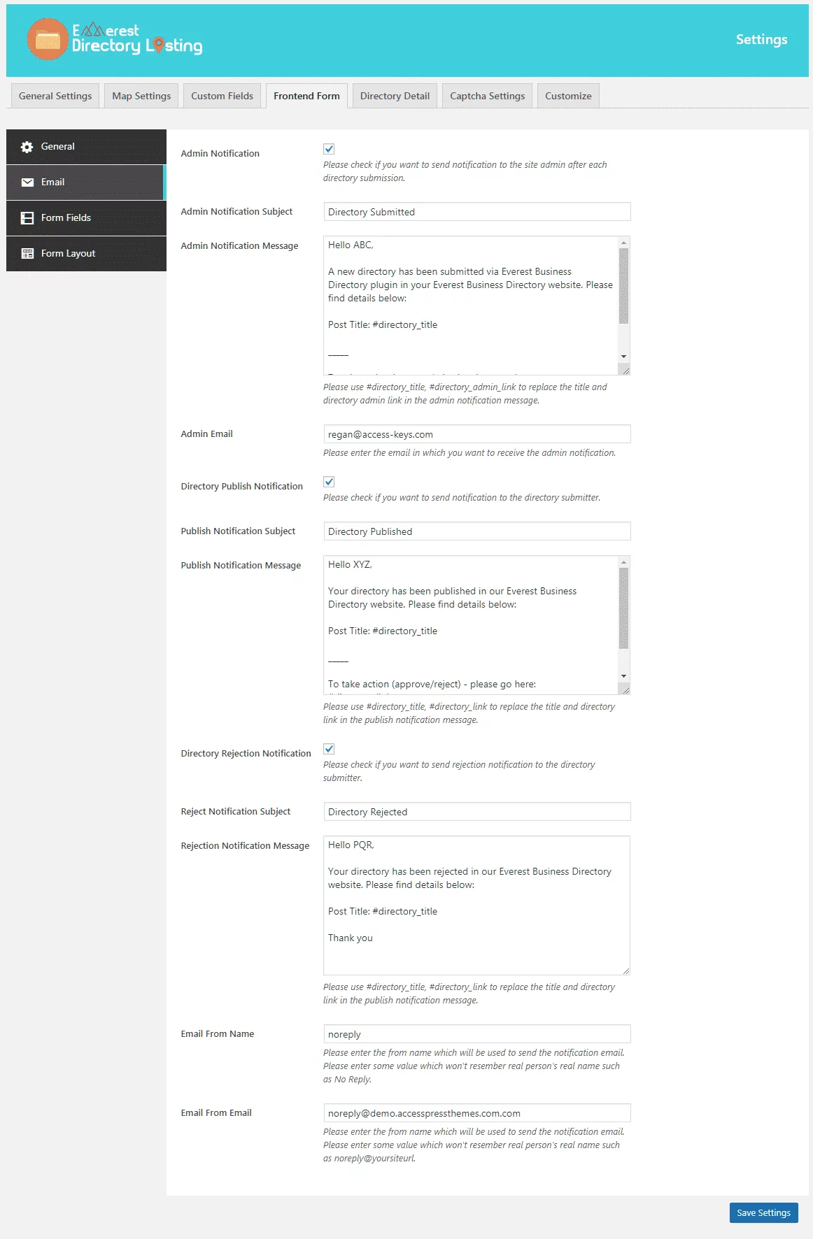 Everest Business Directory: Form Email Settings