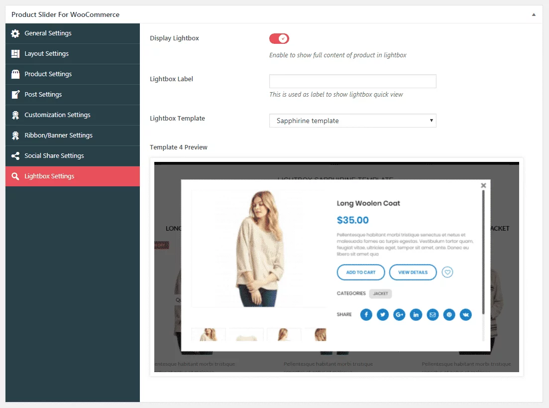 Product Slider for WooCommerce: Lightbox Settings