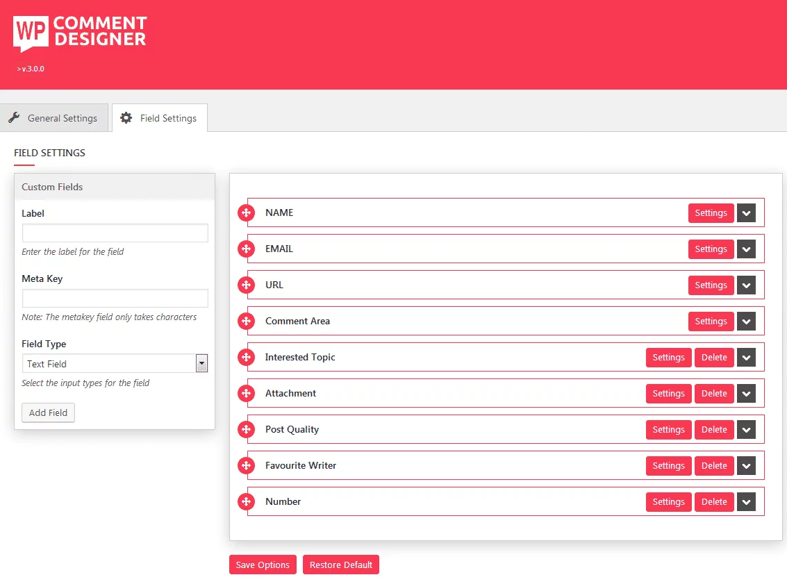 WP Comment Designer: Comment Form Builder Field Settings