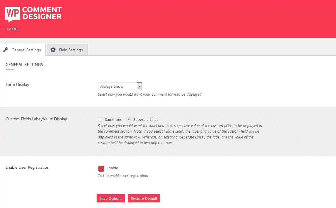 WP Comment Designer: Comment Form Builder General Settings