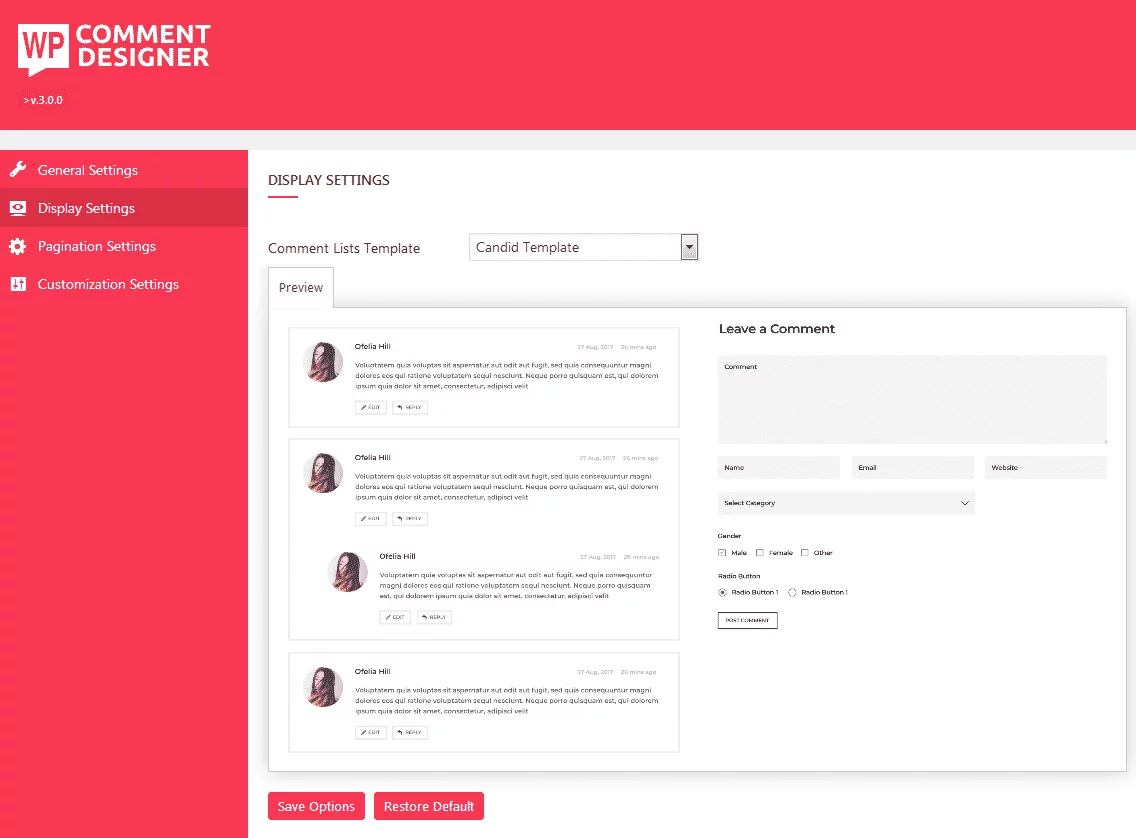 WP Comment Designer: Display Settings