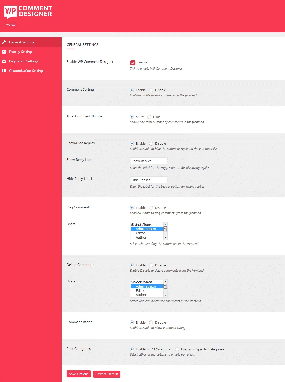 WP Comment Designer: General Settings