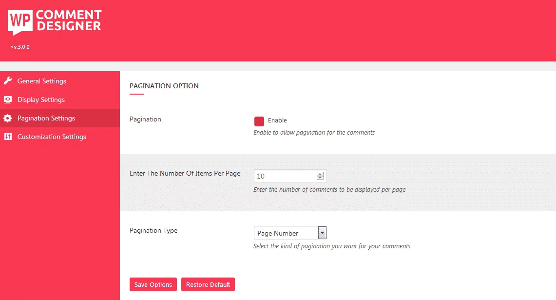 WP Comment Designer: Pagination Settings