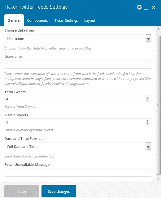 Twitter Feed Addon for Visual Composer: General Ticker View Settings