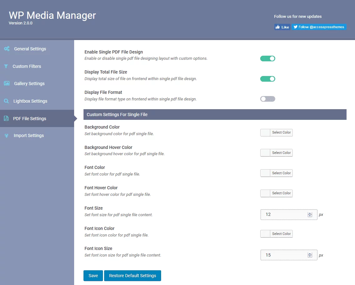 WP Media Manager: PDF File Settings