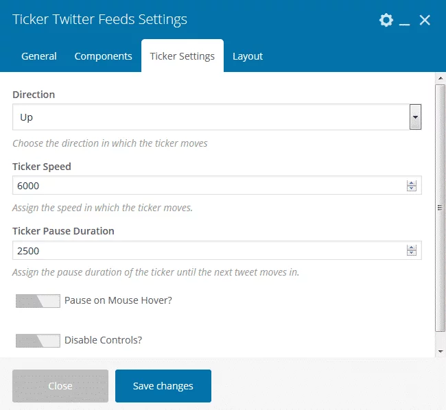 Twitter Feed Addon for Visual Composer: Ticker Settings