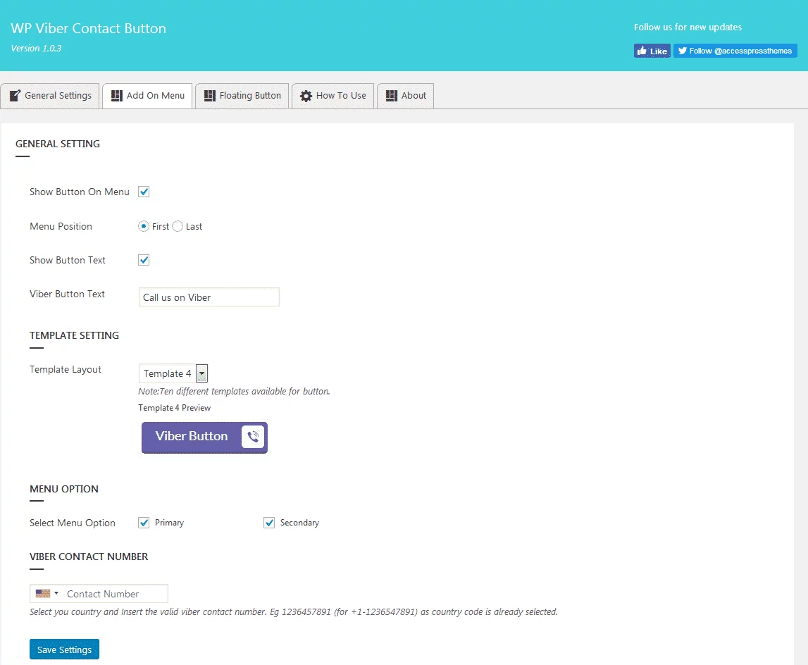 WP Viber Contact Button: Add On Menu
