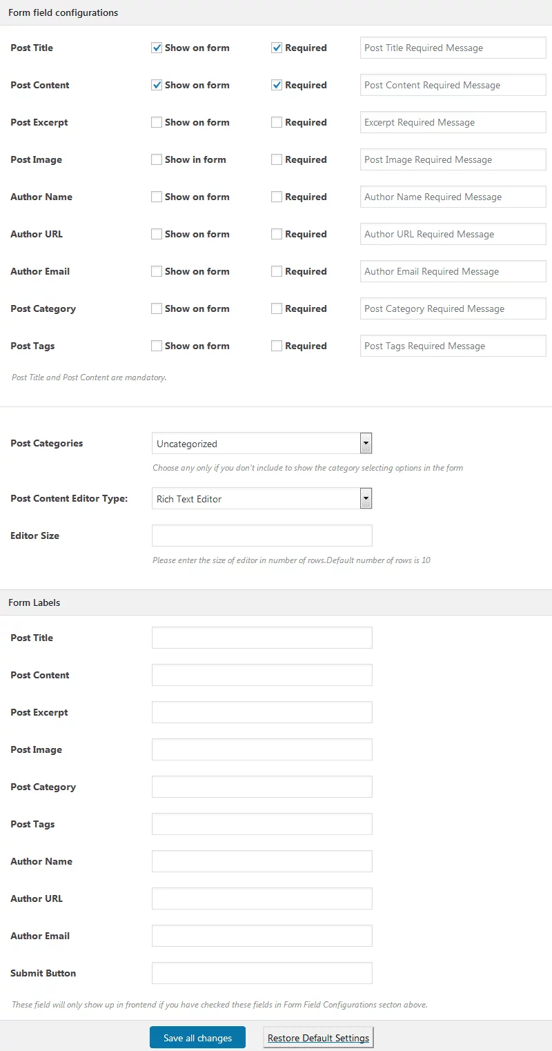 AccessPress Anonymous Post: Form Settings