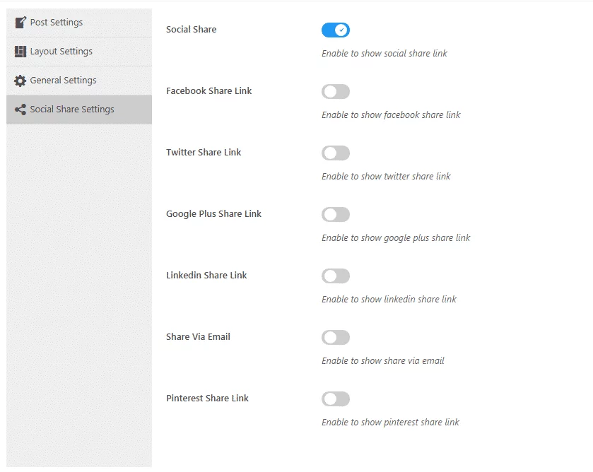 WP Blog Manager Lite: Social Share Settings