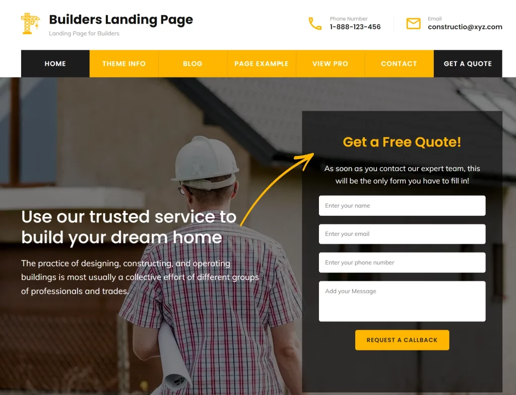 Builders Landing Page - Best Free Construction WordPress Themes